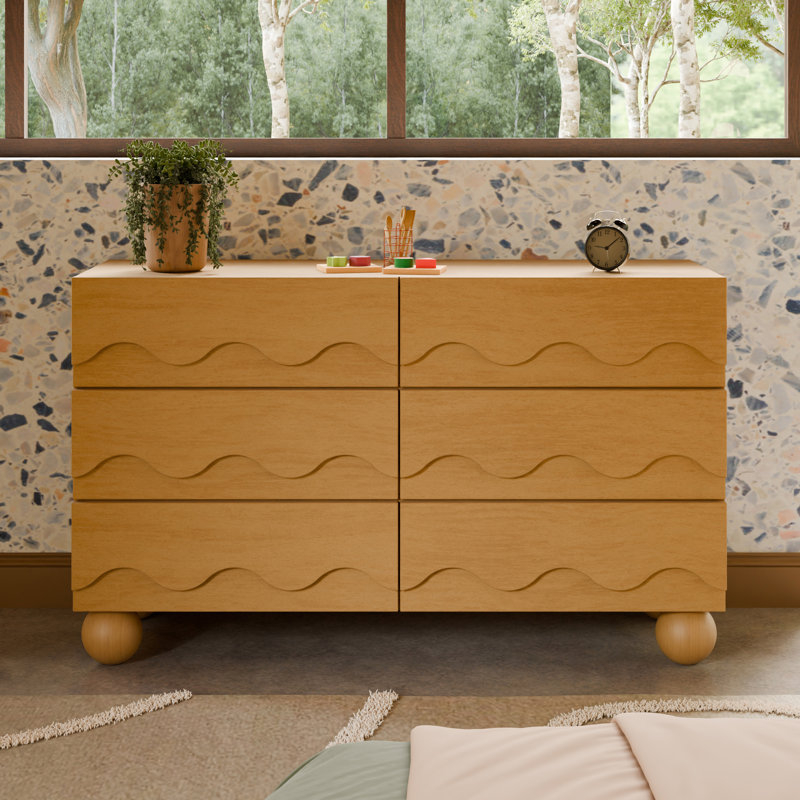 Lido Wave 6-Drawer Wide Assembled Dresser (56"), Honey