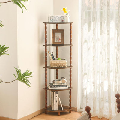 Bibliothèque de coin à 5 niveaux - Étagère brun rustique pour petits espaces, idéale pour la chambre à coucher, la salle de bain, la cuisine ou le salon