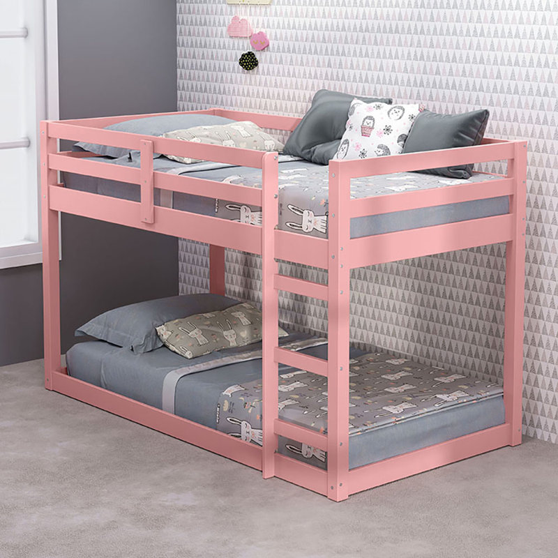 Pink Twin Loft Bed With Wooden Frame, Rose