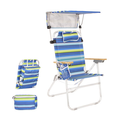 Heavy Duty Tall Beach Chair with Canopy Shade for Adults, 17" High Off Ground, 4-Position Reclining, Insulated Cooler & Storage Pouch, Bamboo-Finish Arms, 300 lb Capacity