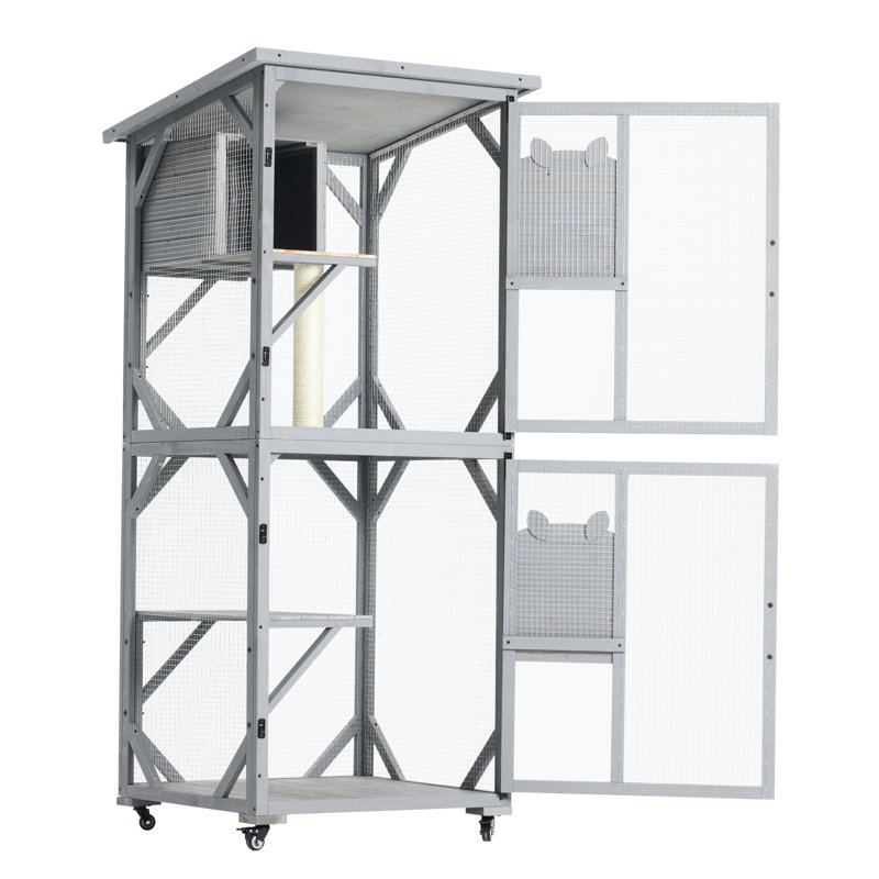 Enclos d'extérieur pour chat 70,9 po - grand avec boîte de repos améliorée, 2 petites portes pour chats (11 cabines à roulettes 25 lb, 1 poteau à griffes, 6 personnes)