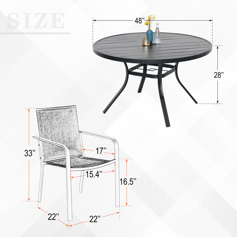 Ensemble de salle à manger de patio rond 48 po pour 6 personnes avec chaises empilables, Gris