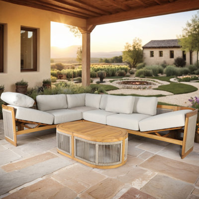 Ensemble de conversation modulaire d'extérieur en bois d'acacia avec coussins crème Guzal