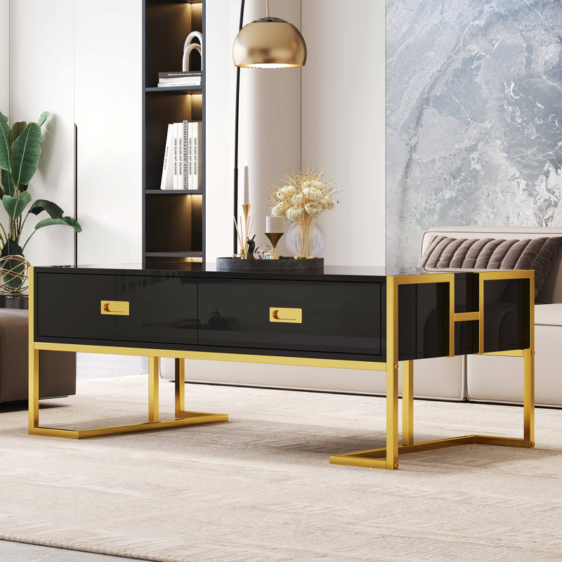 Table basse moderne moderne avec 4 tiroirs et base dorée de 47,3 po, Noir