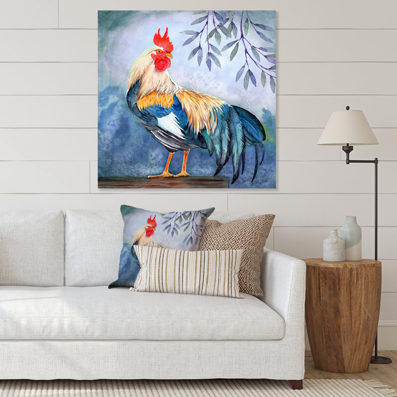 Coq coloré, longue queue émeraude, coq rouge - reproduction d'art sur toile traditionnelle, Toile tendue