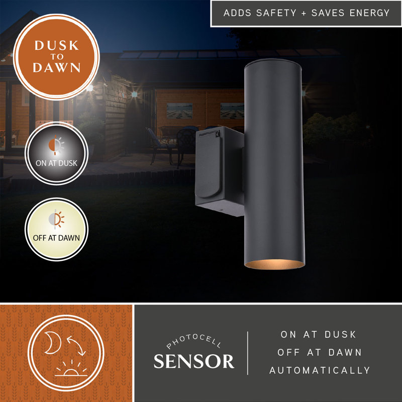 Berdeja 14.25 in. H 2-Light Textured Black Dusk to Dawn Sensor Outdoor Wall Sconce, Rust-Resistant Aluminum Metal Shade, Up-Down Wall Wash for Exterior Porch Patio Front Door or Garage