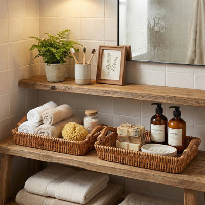 Set of 2 Handwoven Willow Storage Baskets with Wood Base & Handles for Entryway, Coffee Table, Bedroom