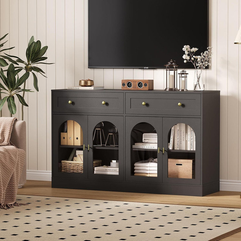 55" Black Fluted Buffet Cabinet with 4 Acrylic Doors & Drawers, Modern Sideboard for Dining Room, Living Room, Black