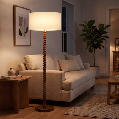 Lampe sur pied rétro de 157 cm en bois massif avec pied sculptural en bois semi-sphérique orné de perles et abat-jour cylindrique en lin crème, certifié cULus pour salon, chambre, bureau ou salle d'étude