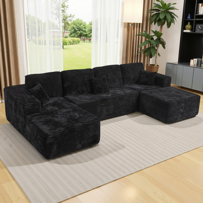 Boneless 134”Sectional Cloud Boneless Sofa Cloud Couch for Living Room, U Shaped Comfy Cordury Couch with Double Lounge Chair, Modern Deep Seat Minimalism Sofa for Home Furniture, No Assembly Required
