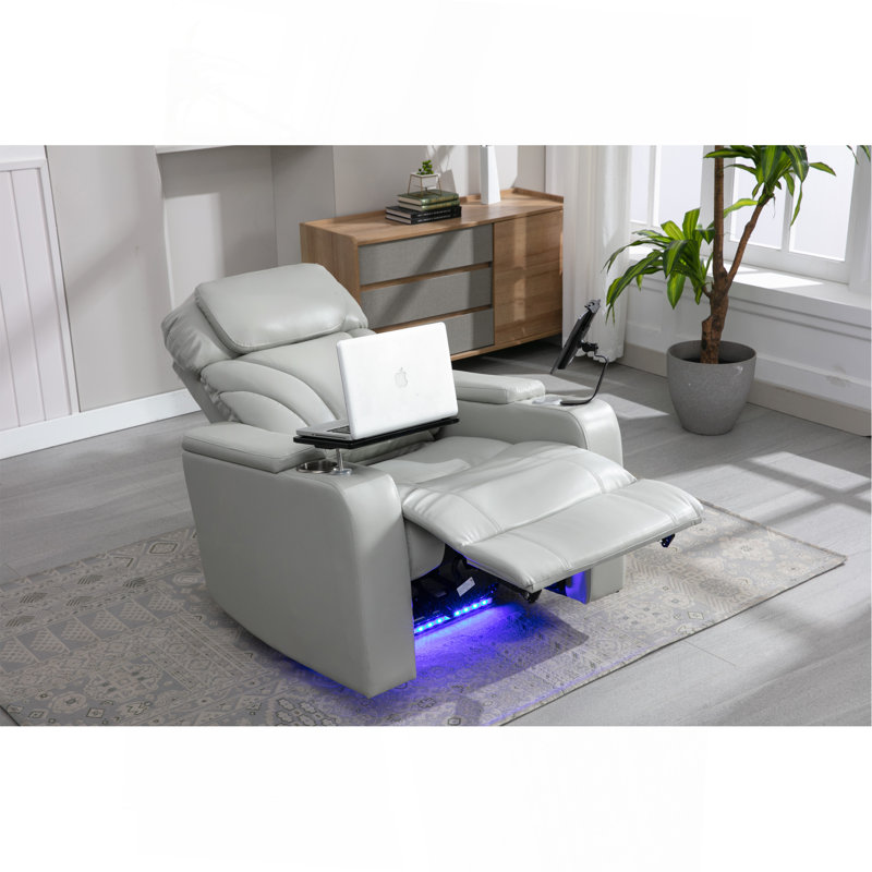 Fauteuil inclinable électrique Power Motion avec port de charge USB, rangement pour bras cachés, porte-gobelet pratique et haut-parleur Bluetooth, gris clair