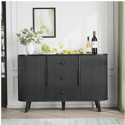 Sideboard Buffet Cabinet with 2 Sliding Tambour Doors and 3 Drawers, Storage Cabinet with Adjustable Shelves for Living Room, Black