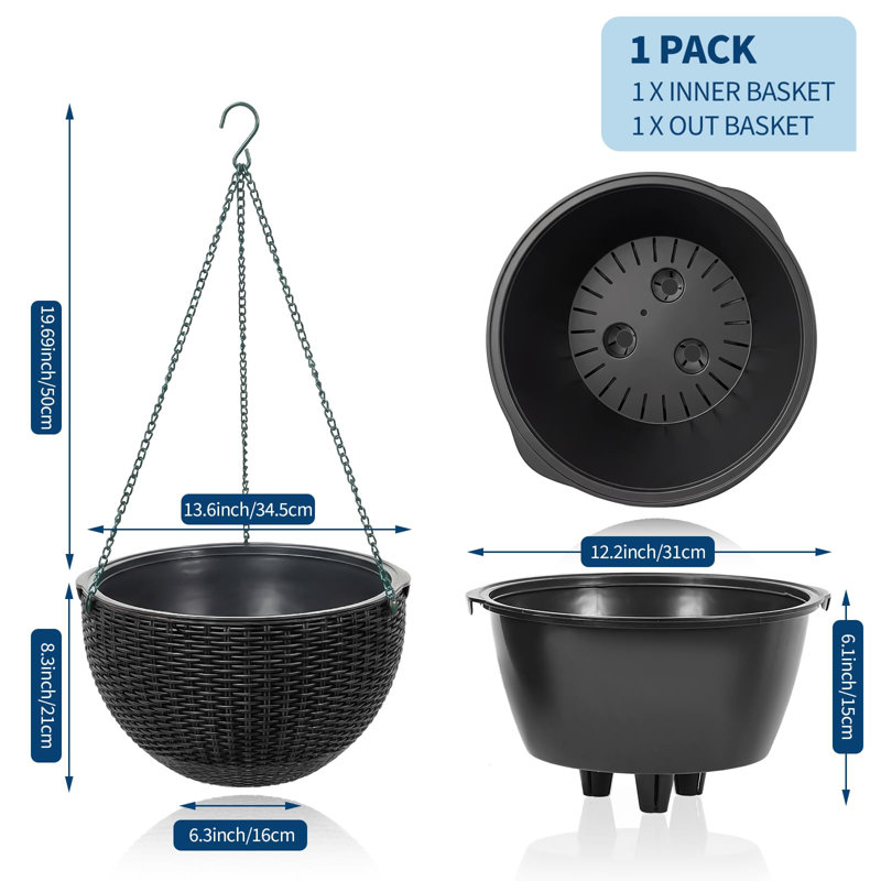 13.8 Inch Self Watering Hanging Planter, 4PCS Round Resin Hanging Basket for Indoor Outdoor Plants, Rattan Look Flower Pot with Drainage Plug, Deep Inner Pot and Sturdy Metal Triple-Chain Hanger