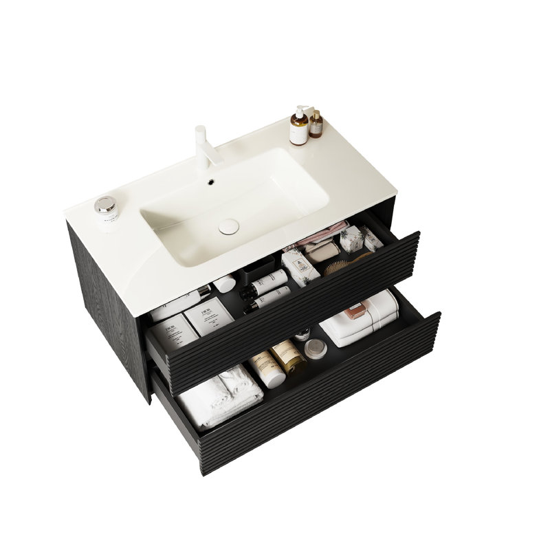 Meuble-lavabo 36 po avec lavabo en céramique - Contreplaqué chêne foncé 2 tiroirs avec lavabo blanc pratique