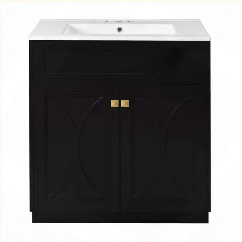 Meuble-lavabo de salle de bain avec lavabo en céramique, armoire de rangement autoportante moderne avec poignées, portes à fermeture douce