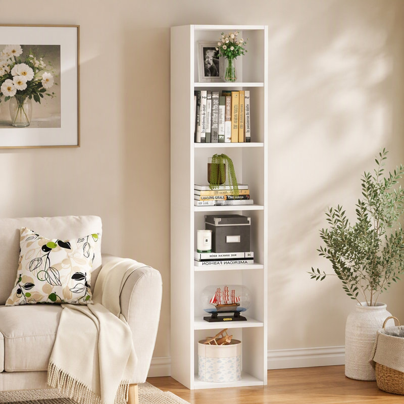 Bibliothèque à coins étroits 70,9 "à 6 niveaux pour salon, bureau, chambre à coucher, Blanc
