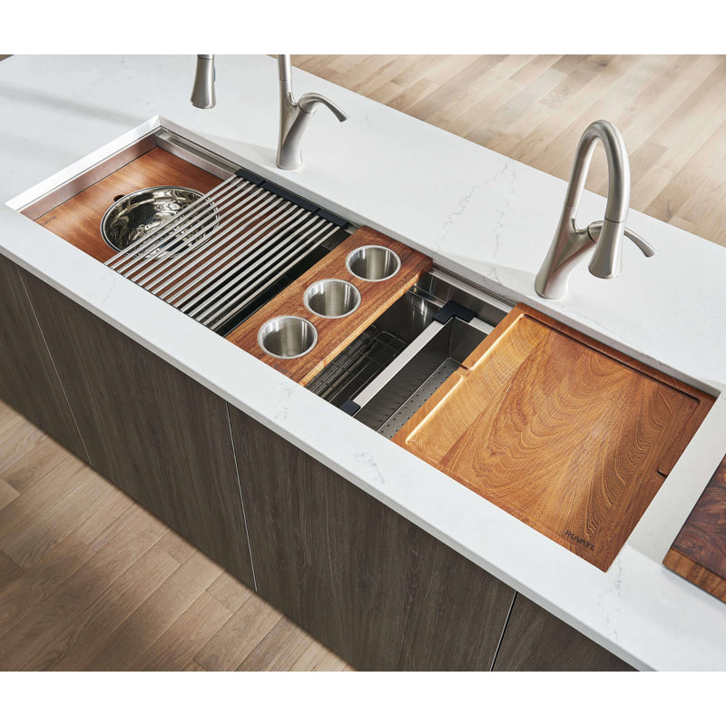 Ruvati 45-inch Stainless Steel Workstation Two-Tiered Ledge Undermount Kitchen Sink, Matte Gold Satin Brass