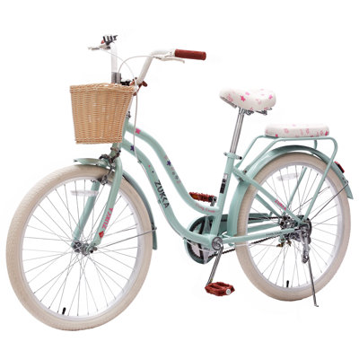 24 Inch Cruiser Bike for Girls, Single Speed Commuter Bicycle with Wicker Basket & Rear Rack, High Carbon Steel Frame Comfort City Bike for Outdoor Riding