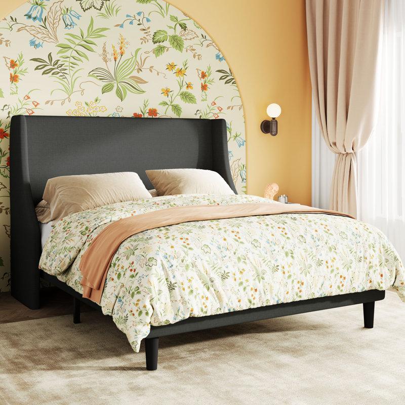 Emonnie Upholstered Platform Wingback Bed with Headboard, Full, Dark Gray