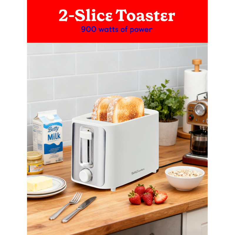 Betty Crocker 2-Slice Toaster, 900W, Variable Toast Shade Control, High Lift Feature, Cool Touch Housing, White