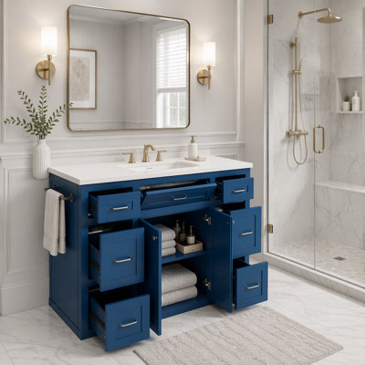 Meuble-lavabo double de 48 pouces avec lavabo, armoire de rangement autoportante avec portes et tiroirs