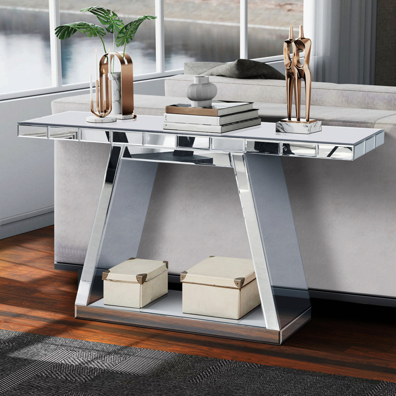 Modern Luxe Mirror Entryway Table with Sturdy Construction and Open Storage
