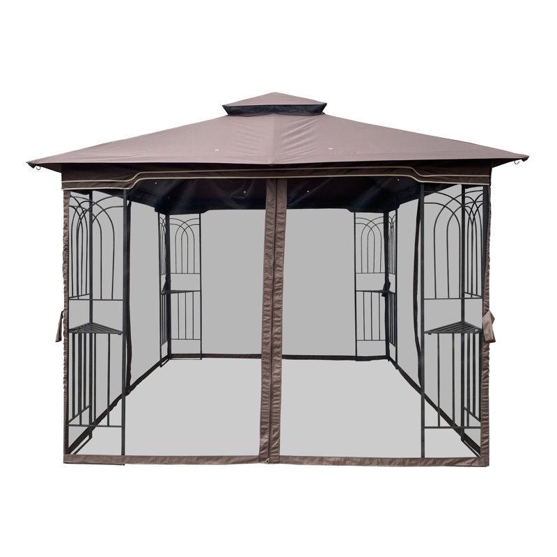 Abri de jardin pour patio 10 x 10 po avec double toit, moustiquaire amovible et cadre en acier pour la cour arrière