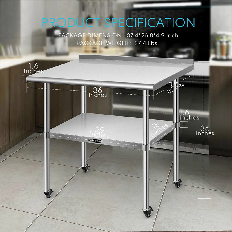 Stainless Steel Work Table with Backsplash and Wheels