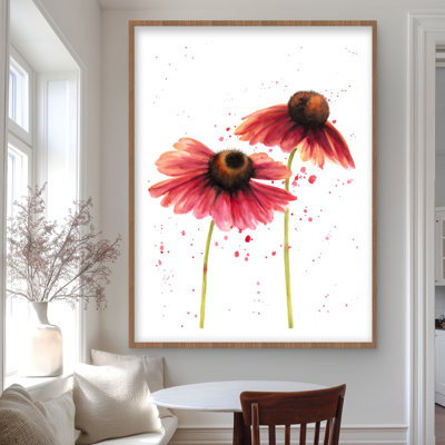 Two Pink Daisies - Brown Floral Framed Matted Print Decor