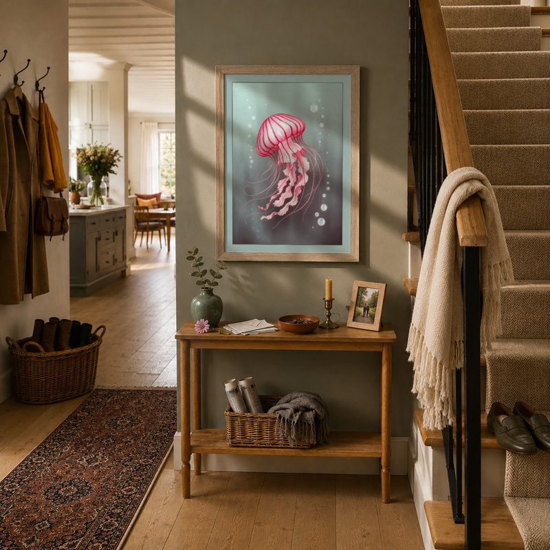 Drifting Jellyfish Coastal - Framed Print, Oak, A3 - 42.0 x 29.7 cm