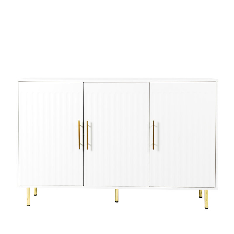 3-Door Large Sideboard Cabinet In White. Gold Handles, Fluted Doors. For Home Storage Suits Kitchen, Dining Room, Living Room. Handles And Doors