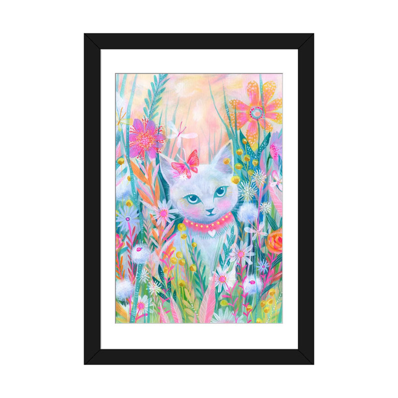 « jardin kitty », peinture sur toile tendue, H 24 po x l 16 po x P 1 po, Papier d'art encadré noir, Blanc