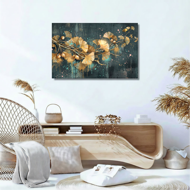 Ensemble de 1 tableau sur toile représentant une branche de ginkgo, H 12 po x l 18 po, Toile tendue