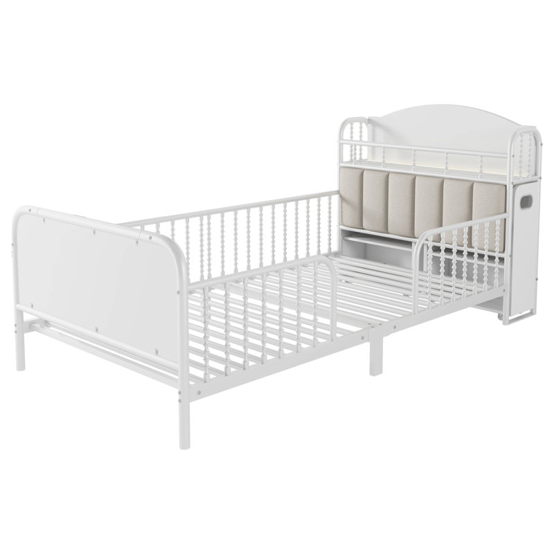 Twin Size Metal Platform Bed Frame With Light, Kids Twin Metal Bed With Upholstered And Pull Out Storage Shelves