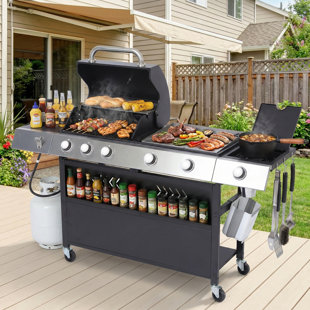 Propane Gas Grill And Flat Top Griddle Combo, 58000 Btu Dual Outdoor Bbq Station With Side Burner, Enameled Grates & Pan, Easy-clean Grease Management, 628 Sq.in Cooking Area