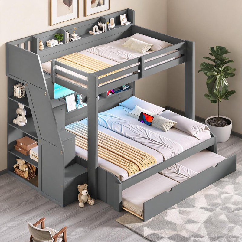 Lit superposé simple au-dessus d'un lit double avec escalier de rangement, lit gigogne, ports USB et éclairage DEL, fabrication en bois massif, gris doux