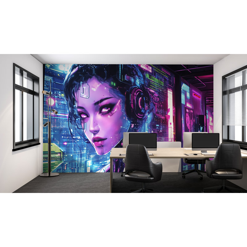 Peinture murale Cyberpunk Girl Neon Glow, L 100 po x l 100 po, Non tissé