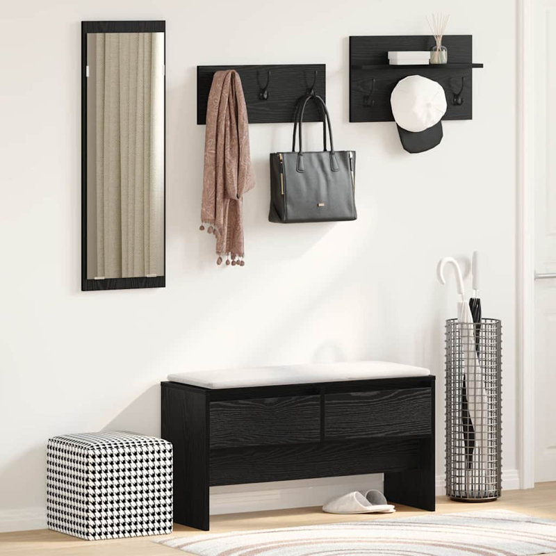 Hallway Furniture Set Shoe Bench Coat Hanger Engineered Wood, Black