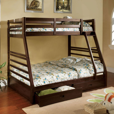 Lit superposé moderne au-dessus d'un lit simple transitionnel avec échelle attachée et deux grands tiroirs de rangement en bois massif noyer foncé