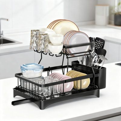 2-Tier Dish Drying Rack With Drainboard, 270° Rotating Drain Spout, Utensil & Plate Holders, Rust-Resistant Iron Construction For Compact Kitchen Counter Storage