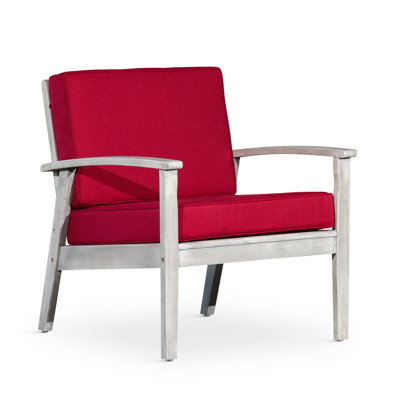Fauteuil en bois d'eucalyptus gris profond à assise profonde confortable avec coussin bourgogne - Détendez-vous dans un fauteuil confortable, extérieur