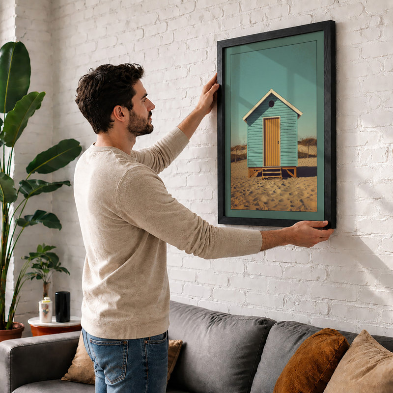 Solitary Beach Hut Coastal - Framed Print, A1 - 84.1 x 59.4 cm, Black