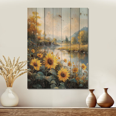 Automne tournesols au bord de la rivière I - décoration murale en bois de tournesols - sur bois de pin naturel