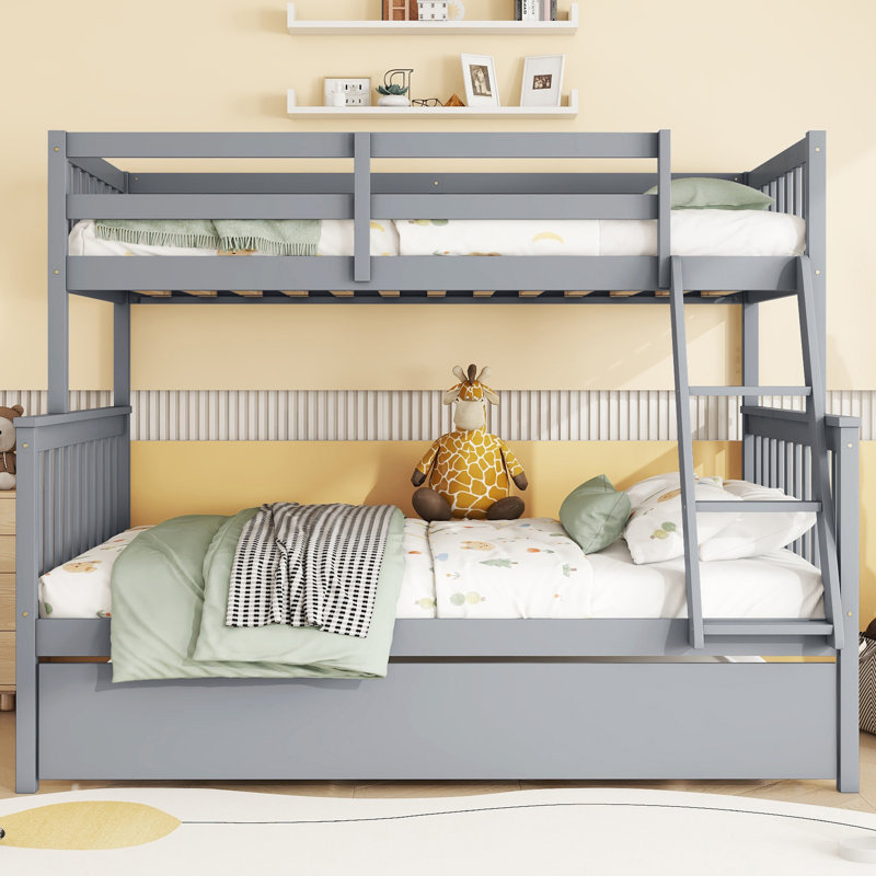 Twin Over Full Rubber Wood Bunk Bed with Twin Trundle, Detachable Convertible Ladder & Safety Guardrails, Gray