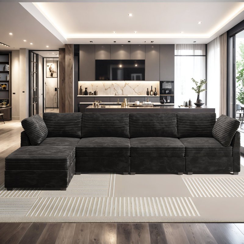 Nathasa 5-piece Upholstered Corduroy Sectional, Black Corduroy