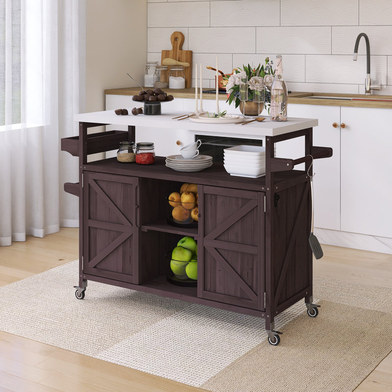 50" Stainless Steel Countertop Kitchen Cart With Spice Rack & Towel Rack, Brown