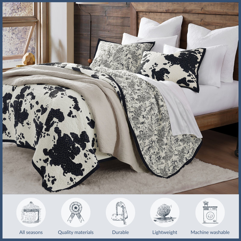 Clara Cream Black Cow Print Cowhide Pattern Reversible Western Southwestern Quilt Set, King Quilt + 2 King Shams