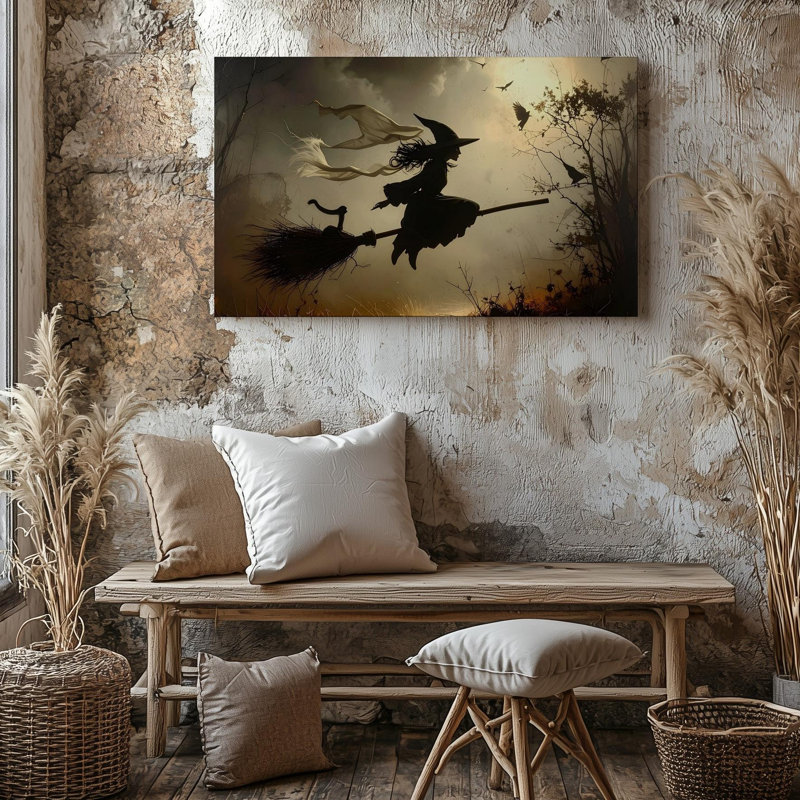Toile, silhouette de sorcière volante, ciel d'Halloween foncé avec chat, chauves-souris et corneilles, art mural prêt à accrocher