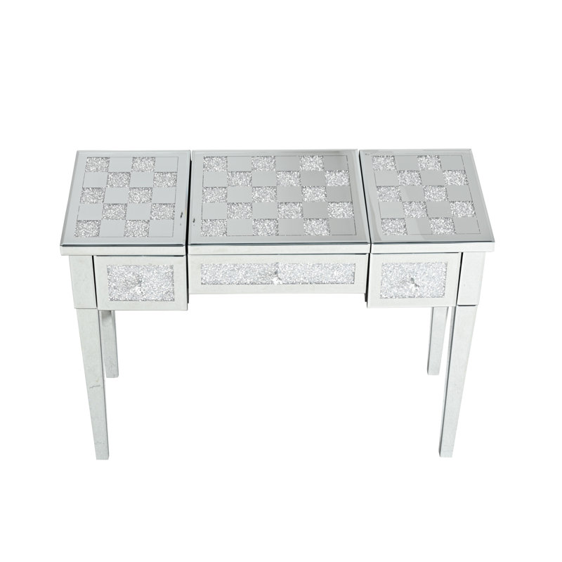 Bureau de coiffeuse argenté avec losange rembourré et miroir caché. Multifonctionnel pour l'écriture ou le maquillage. Miroir en verre à miroir Great Home Decor Levage hydraulique sécuritaire