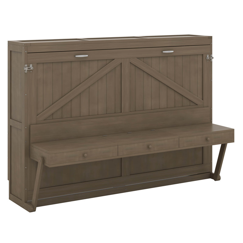 Grand lit escamotable mural avec rangement, lit armoire pliable avec bureau de coiffeuse, miroir central et 2 tiroirs latéraux